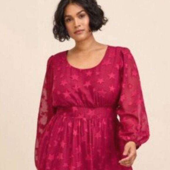 Torrid Burgundy Stars Clip Dot Chiffon Tiered Midi Dress Size 10 NWT - Picture 3 of 17